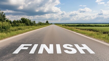 Open road with finish line marking in rural landscape under blue sky