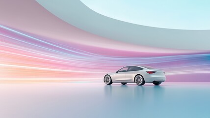 Sleek white electric sedan in futuristic neon background