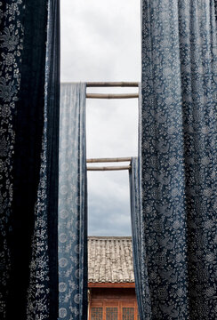 Closeup of traditional floral old cloth curtain background