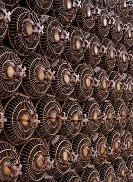 Closeup of a background wall made of wooden bird cages
