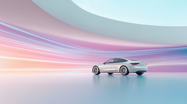 Sleek white electric sedan in futuristic neon background