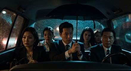 Mysterious figures huddle under an umbrella in a rain-swept car, secrets and intrigue swirling in the dimly lit interior.