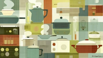 Colorful kitchenware collage featuring various pots, pans, and utensils with steam in a cozy setting
