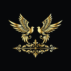 Gold floral round frame on black background. Vector design element for greeting card, wedding invitation, save the date card. Vintage gold floral round frame. Luxury design element. Vector illustrati
