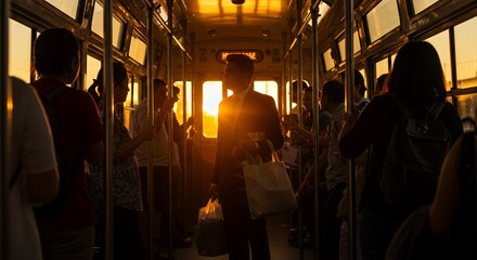 Golden Hour Commute: Passengers silhouetted against a vibrant sunset on a public transit vehicle.