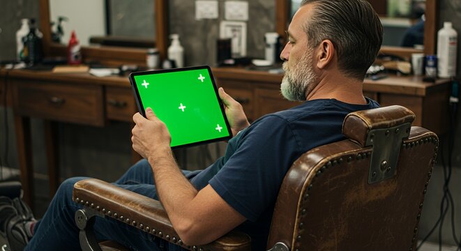 Relaxed man browses a tablet with a green screen in a vintage barbershop chair. - Powered by Adobe