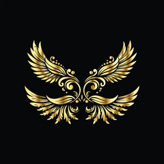 Gold floral round frame on black background. Vector design element for greeting card, wedding invitation, save the date card. Vintage gold floral round frame. Luxury design element. Vector illustrati
