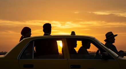 Silhouetted figures in a taxi enjoy a breathtaking sunset, creating a memorable journey.