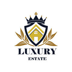 Luxury Real Estate Crest Logo with Crown, Elegant Home Silhouette, Premium Royal Property Emblem, Gold Vintage Heraldic House Badge.