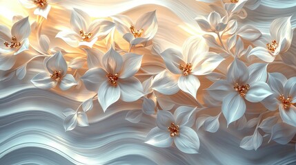 Fototapeta premium Ornate white flowers in a wavy design.