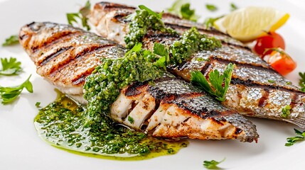 Chimichurri sauce splashing onto grilled fish, its vibrant green hue adding freshness and texture, isolated on white background,