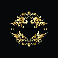 Gold floral round frame on black background. Vector design element for greeting card, wedding invitation, save the date card. Vintage gold floral round frame. Luxury design element. Vector illustrati
