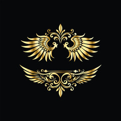 Fototapeta premium Gold floral round frame on black background. Vector design element for greeting card, wedding invitation, save the date card. Vintage gold floral round frame. Luxury design element. Vector illustrati 