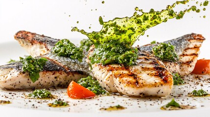 Chimichurri sauce splashing onto grilled fish, its vibrant green hue adding freshness and texture, isolated on white background,