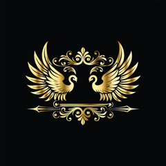 Fototapeta premium Gold floral round frame on black background. Vector design element for greeting card, wedding invitation, save the date card. Vintage gold floral round frame. Luxury design element. Vector illustrati 