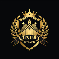 Luxury Real Estate Crest Logo with Crown, Elegant Home Silhouette, Premium Royal Property Emblem, Gold Vintage Heraldic House Badge.