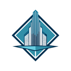 Modern Skyscraper Icon in Diamond Shape with Elegant Serif Font. Corporate Real Estate, Architecture, Building Logo Vector Design