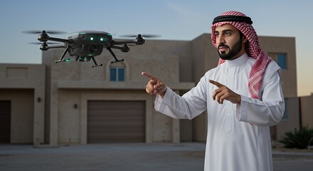 Man in traditional Middle Eastern attire controls a drone, showcasing technological advancement in a modern residential setting.