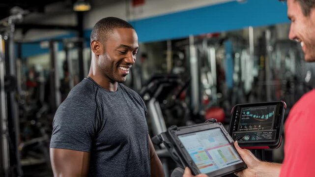 Inside a gym a trainer stands by a workout station with a tablet engaged in a deep conversation with a client about their fitness goals. The tablet displays visual aids related to exercise