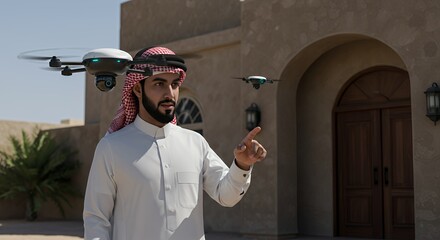 Man in traditional clothing operates two small unmanned aerial vehicles outside a stucco house.