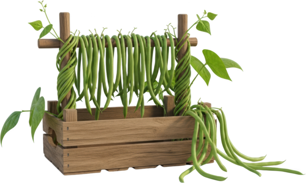 Fresh green beans hanging on a wooden support structure within a rustic wooden crate isolated with to isolate