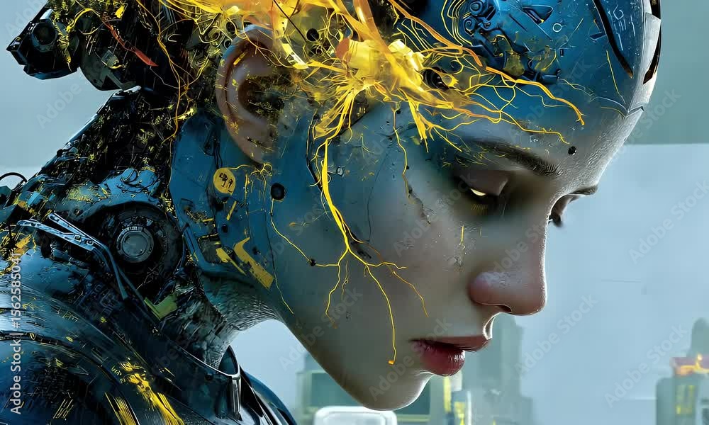 Aufkleber cybernetic awakening: a close-up of a female android with glowing neural network in a futuristic cit