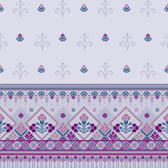 Delicate pixel floral design with tribal motifs in soft violet and pink tones. Features bottom border accent, ideal for textiles and decorative use.