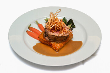 Gourmet Plate Beef Vegetables Fried Onion Crispy Shredded Potato Sauce 