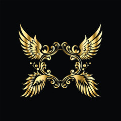 Gold floral round frame on black background. Vector design element for greeting card, wedding invitation, save the date card. Vintage gold floral round frame. Luxury design element. Vector illustrati
