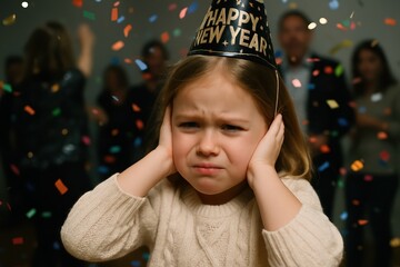 Young girl covering ears at confetti-filled New Year party