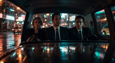 Three figures sit silently in a rain-swept taxi cab, their faces illuminated by the city's neon glow, a poignant scene of urban night.