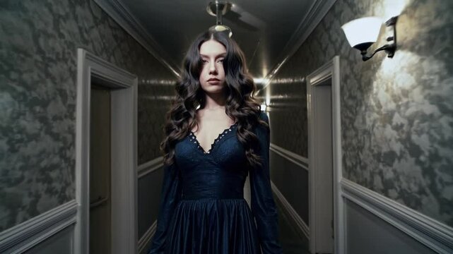 Femme en robe sombre dans un couloir inqui&eacute;tant