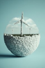 A wind turbine is in the center of a large, round, white object
