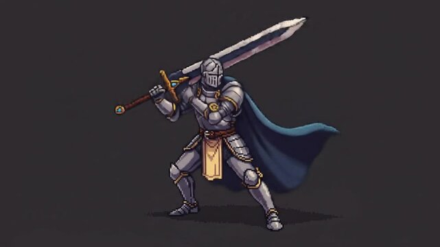 Pixel Art Animation: Knight in Full Plate Armor with a Greatsword