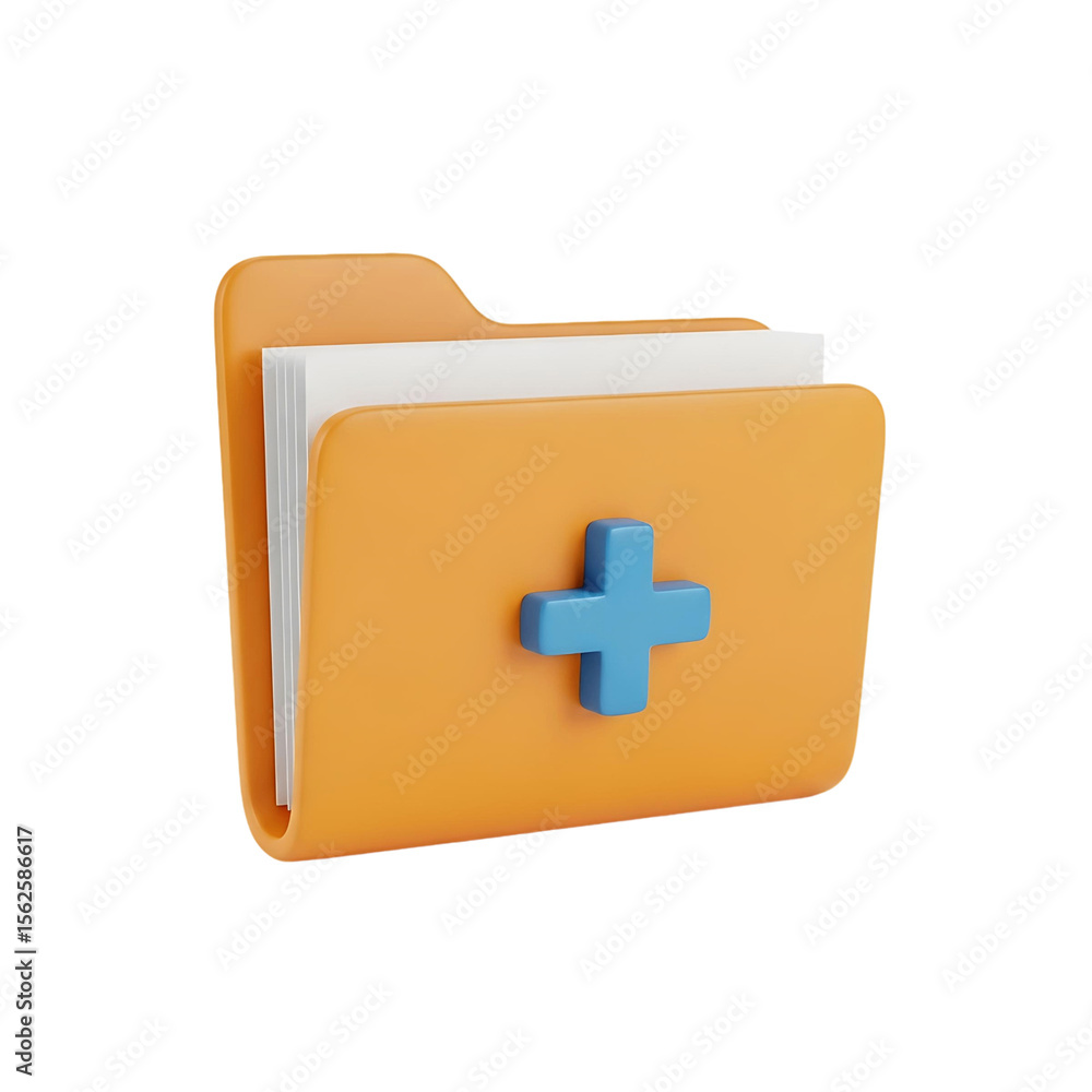Poster rendered image of an orange folder with white documents and a blue plus sign icon on the front on tr