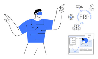 Tech-savvy character in VR gear gesturing to an ERP flowchart with factory, logistics, and analytics tools. Ideal for virtual tools, ERP systems, automation, logistics, smart solutions, technology