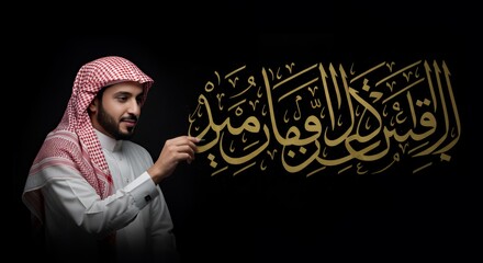 Calligrapher in traditional attire skillfully creates elegant Arabic script, showcasing cultural heritage and artistic precision.