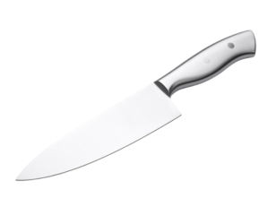A gleaming chef's knife, isolated on white, used for precision cutting in any kitchen setting.