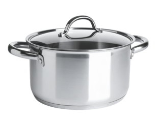 A shiny metal cooking pot with a lid, isolated on a white background, a kitchen essential for various dishes.