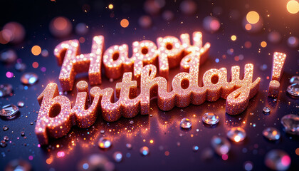 Shining pink text "Happy Birthday" on dark background with colorful diamonds, congratulation and celebration concept