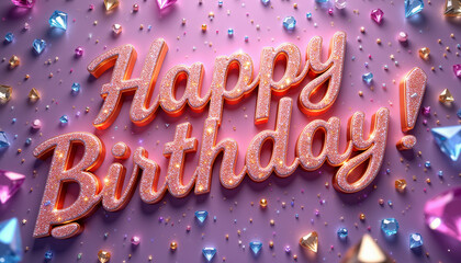 Shining text "Happy Birthday" on dark background with colorful diamonds, congratulation and celebration concept