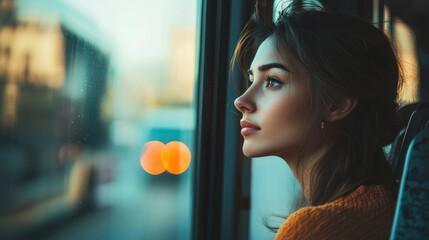 Woman looking out window on public transportation