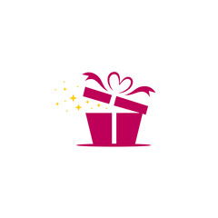 Open gift box logo decorated with stars sprinkled.