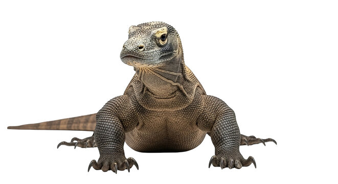 Frontal portrait showcasing a Komodo dragon's textured skin and powerful build on an isolated - Powered by Adobe