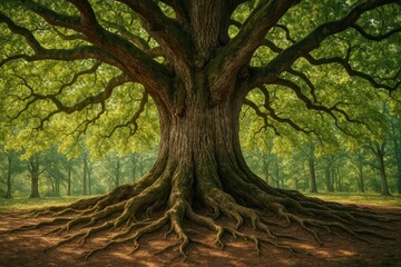 Ancient oak tree with extensive root system symbolizing deep foundation and growth