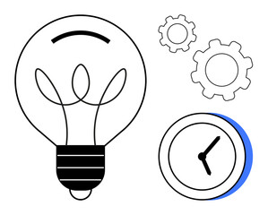 Lightbulb, clock, and gears suggest creativity, teamwork, efficiency, and innovation. Ideal for business, startup, brainstorming problem-solving productivity time management and a simple landing