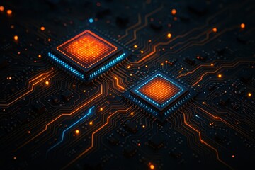 Illuminated LED circuit board with glowing microprocessors creating technological innovation concept