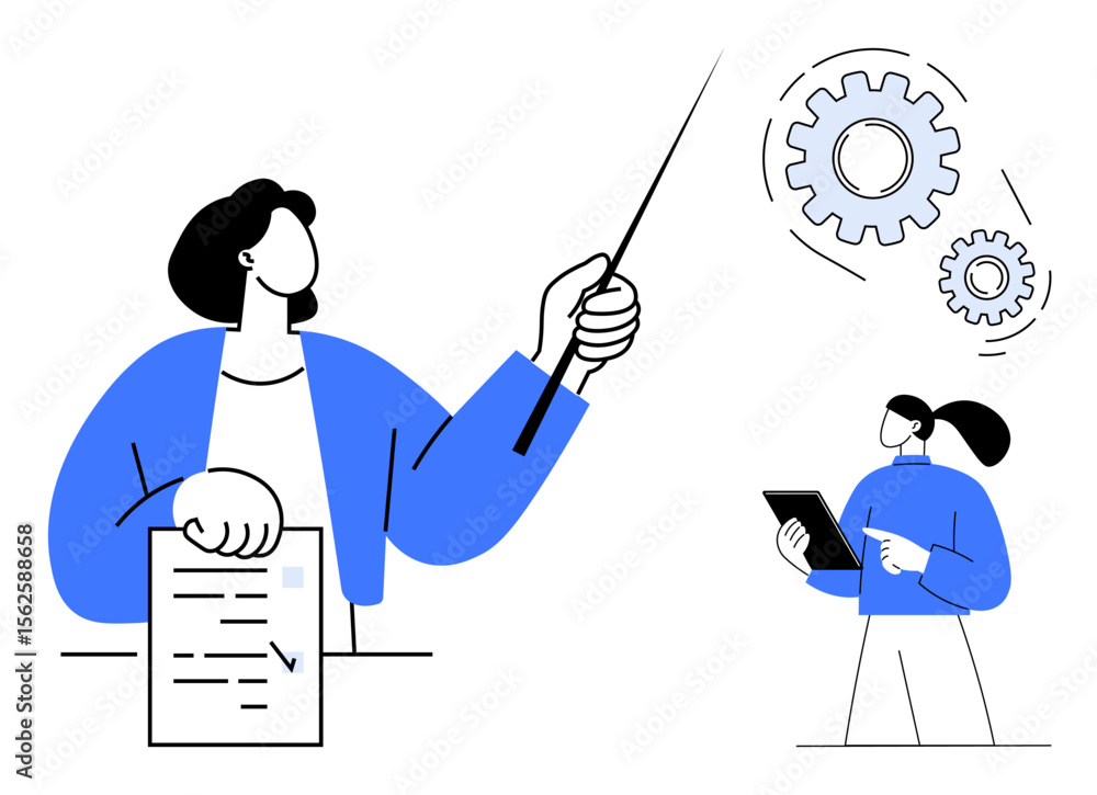 Aufkleber woman presenting workflow with pointer and checklist, accompanied by a colleague analyzing gears on 
