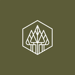pine tree logo with hexagonal frame in line art design style