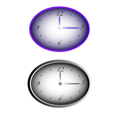 Two clocks illustration. Purple oval shape. White timepiece display. Vector time symbol.